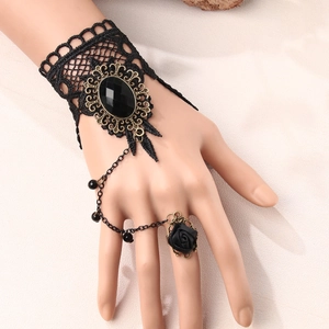 Gothic black lace bracelet with vintage gemstone and rose ring for party dresses