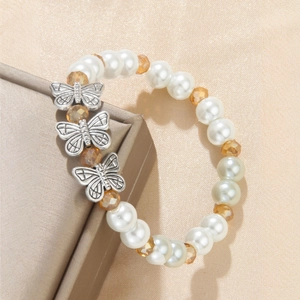 Elegant beaded bracelet with pearls, crystal beads and silver butterfly charms on silk