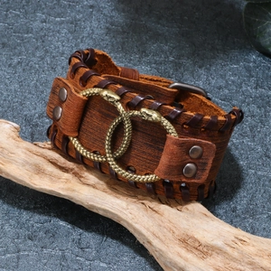 Vintage Nordic Viking axe leather bracelet with braided edges and interlocking snake rings