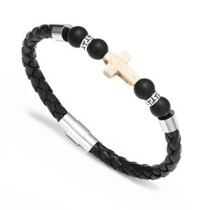 Bracelet pour homme en cuir avec perles, pendentif croix et fermoir magnétique