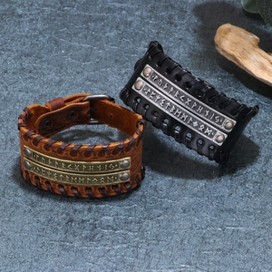 Vintage Nordic Viking Rune Wide Leather Bracelet For Men Women Punk Handcrafted Braided Cuff Wristband Jewelry Gift