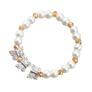 Minimalist pearl beaded bracelet with orange gold beads and silver butterfly charms