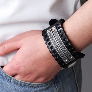 Vintage black leather multi-layer rune bracelet with woven edges and silver metal plates