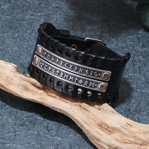 Retro Viking style braided leather cuff bracelet with engraved rune metal plates
