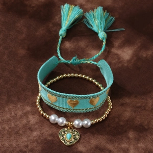 Bohemian 2-piece bracelet set with turquoise weave, gold beads and heart pendant charm