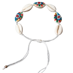 Handmade woven natural shell bracelet set with colorful printed beads and adjustable cord