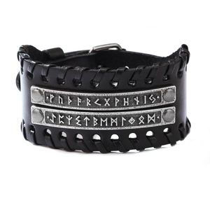 Vintage Nordic Viking black leather bracelet with Runic metal plates and woven edges