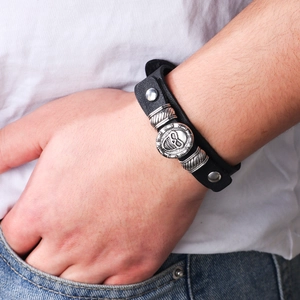 Adjustable punk skull leather bracelet with vintage silver wrenches for men and women