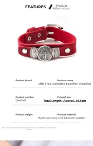 Detail of red leather tree of life bracelet featuring alloy plate and buckle closure