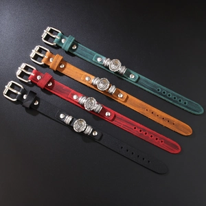 Adjustable punk leather bracelets with skull charms in green, brown, red and black