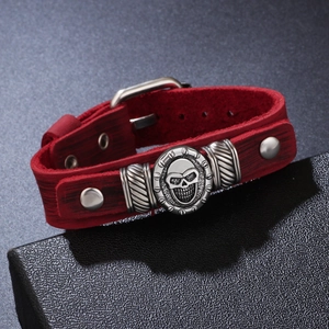 Adjustable punk skull and cross wrench leather bracelet with antique red finish