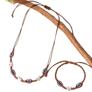 Ensemble collier et bracelet œil maléfique fait main avec breloques cœur colorées