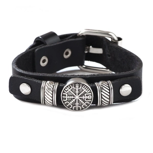 Vintage Herren Lederarmband in Schwarz mit Wikinger-Kompass-Metallanhänger und Schnalle