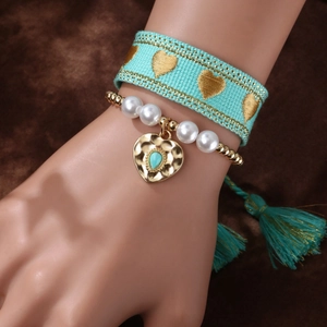 Bohemian Layered Woven Bracelet And Golden Beaded Bracelet Alloy Faux Artificial Pearl Synthetic Turquoise Heart Pendant Tassel
