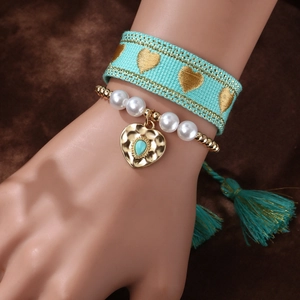 Bohemian mint green fabric heart bracelet and white beaded pearl bangle stack