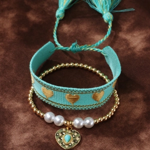 Bohemian heart bracelet set with turquoise woven fabric and gold bead pearl tassels