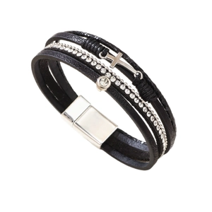 Mehrlagiges schwarzes Lederarmband mit silbernem Kreuz und funkelnden Kristall-Strasssteinen