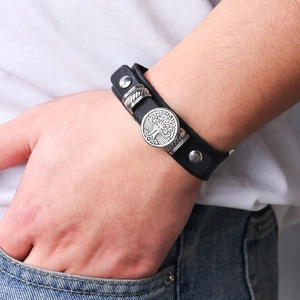 Vintage black leather tree of life bracelet with silver metal charms for men and women