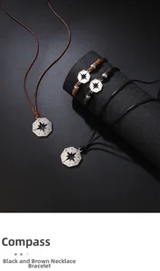 Detailed view of compass necklaces and bracelets on textured black display pedestals