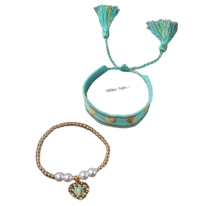 Bohemian heart charm bracelet set with turquoise bead strand and woven blue tassel band
