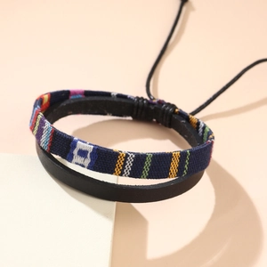 Ethnic handmade woven cotton linen bracelet with adjustable cord in geometric patterns