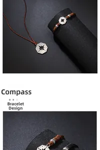 Close-up of octagon compass pendant and hand-woven brown cord bracelet set