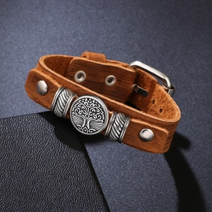 Vintage brown leather tree of life bracelet with silver metal charms and studs