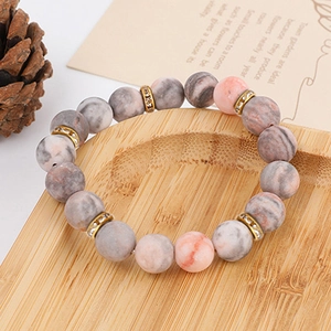 Natural Stone Beaded Bracelet Pink Zebra Pattern Alloy Rhinestone Spacer Stretch Bracelet For Women Men Yoga Jewelry Gift