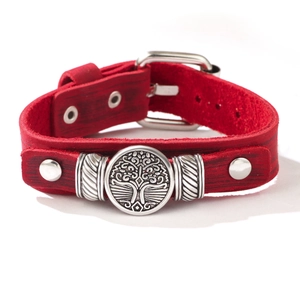 Punk style red leather bracelet with tree of life metal disc and buckle closure