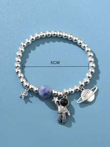 Bracelet en argent S925 avec breloques astronaute et étoiles, diamètre intérieur de 5 cm