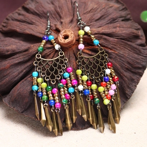 Ethnic bohemian drop earrings with vintage bronze metal tassels and colorful beads