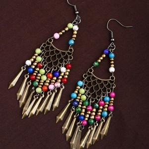 Bohemian ethnic long tassel earrings with antique bronze finish and multicolored beads