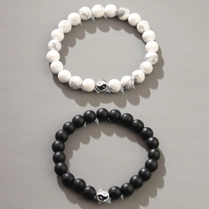Ensemble de bracelets en perles Yin Yang marbre blanc et pierres noires mates