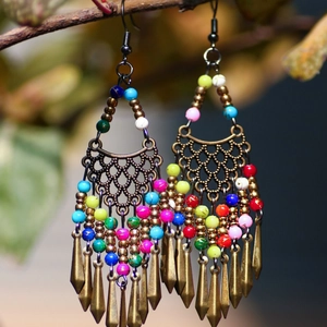 Bohemian multi-layer colorful beaded drop earrings with vintage bronze metal accents