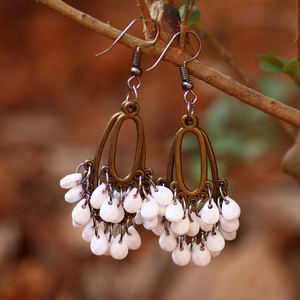 Bohemian Vintage Tassel Dangle Earrings Bronze Alloy White Faux Artificial Pearl Waterdrop Resin Beads For Women Ethnic Style