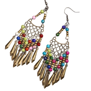 Ethnic bohemian drop earrings with colorful beads and antique bronze finish fringe tassels