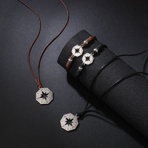 Vintage Alloy Compass Star Pendant Necklace Braided Wax Cord Bracelet For Men Women Unisex Outdoor Individualistic Jewelry