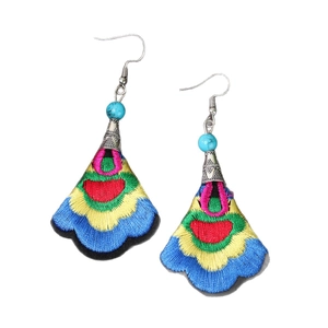 Colorful ethnic fan-shaped embroidery earrings with turquoise bead and silver metal hooks