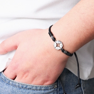 Men's outdoor woven bracelet with compass star engraved silver octagonal charm