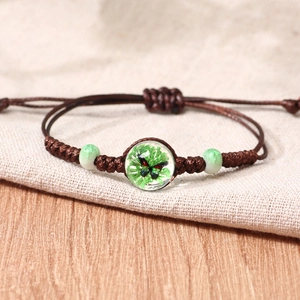 Handmade Braided Wax Rope Bracelet With Transparent Glass Sphere Dried Flower Butterfly Pendant Adjustable Jewelry For Women