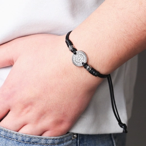 Adjustable black braided rope bracelet featuring a silver Viking Vegvisir compass pendant