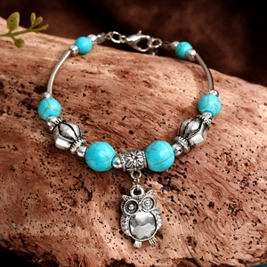 Vintage Ethnic Alloy Owl Charm Bracelet For Women Artificial Turquoise Beaded Bohemian Adjustable Retro Bracelet Jewelry