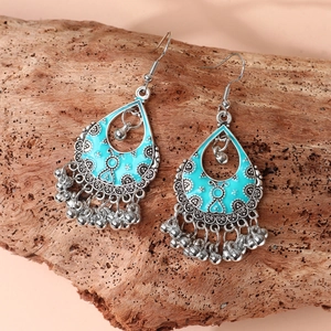Bohemian Ethnic Drop Earrings Retro Alloy Antique Silver Turquoise Enamel Water Drop Tassel Bells Earrings For Women Holiday Jewelry