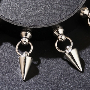 Punk black leather choker necklace featuring silver metal rings and cone spikes