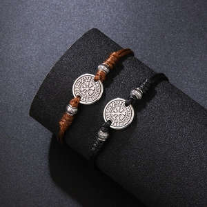 Adjustable woven rope bracelets with vintage Viking Vegvisir compass metal pendants