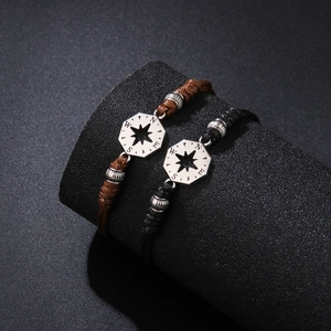 Braided rope bracelets with hexagonal star metal charms in brown and black colors
