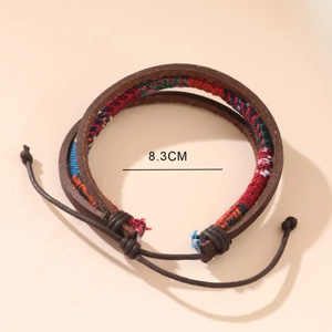 Retro-Mehrschicht-Lederarmband mit buntem Stoff und verstellbarem Kordelzug