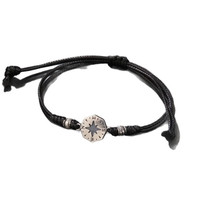 Adjustable black braided rope bracelet with engraved silver compass octagon charm