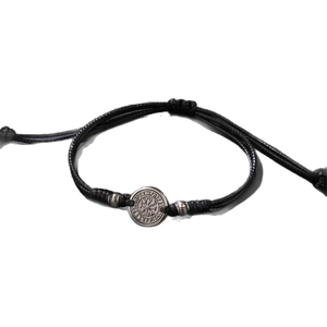 Adjustable black woven rope bracelet with silver rune compass pendant for men and couples