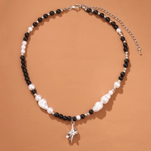 Baroque faux pearl necklace with black beads and silver star pendant for men and women